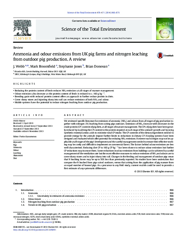 (PDF) Ammonia and odour emissions from UK pig farms and nitrogen ...