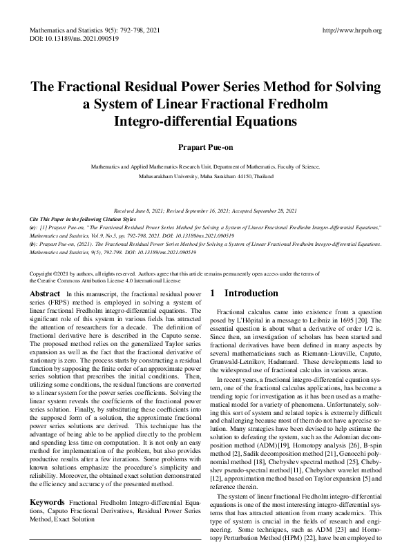 (PDF) The Fractional Residual Power Series Method for Solving a System ...