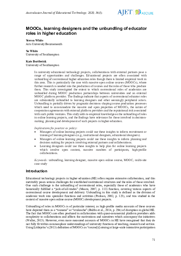 (PDF) MOOCs, learning designers and the unbundling of educator roles in ...