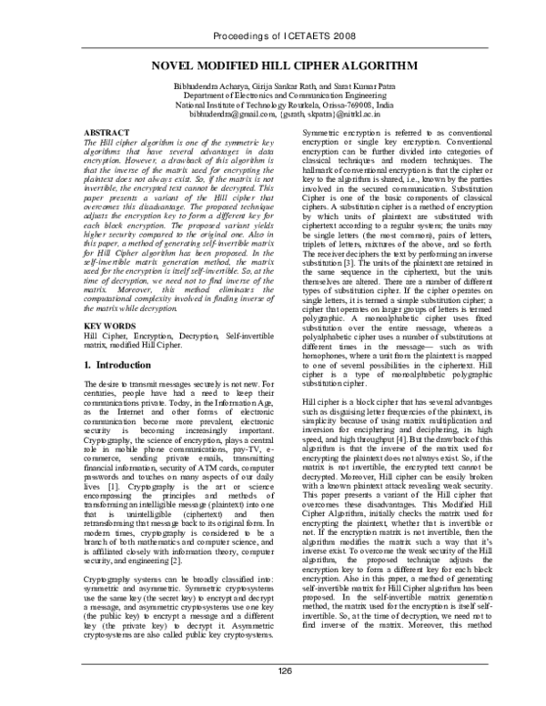 (PDF) Novel Modified Hill Cipher Algorithm
