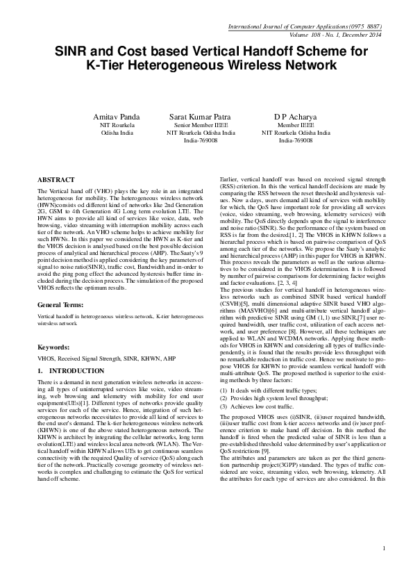 (PDF) SINR and Cost Based Vertical Handoff Scheme for K-Tier ...