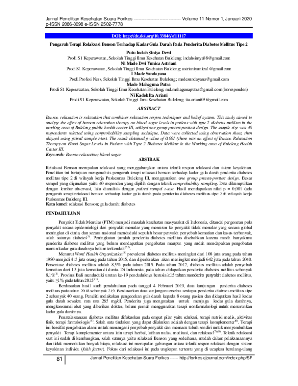 (PDF) Pengaruh Terapi Relaksasi Benson Terhadap Kadar Gula