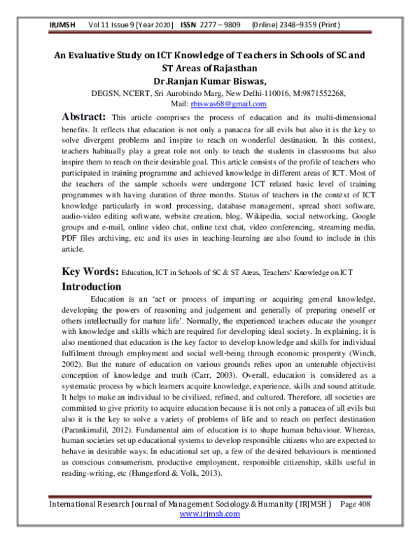 (PDF) An Evaluative Study on ICT Knowledge of Teachers in Schools of SC ...