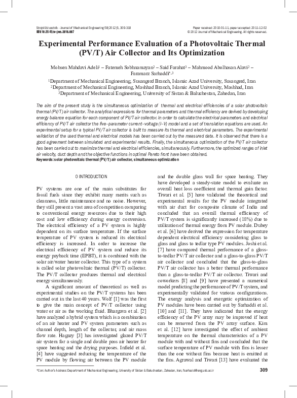 (PDF) Experimental Performance Evaluation of a Photovoltaic Thermal (PV ...