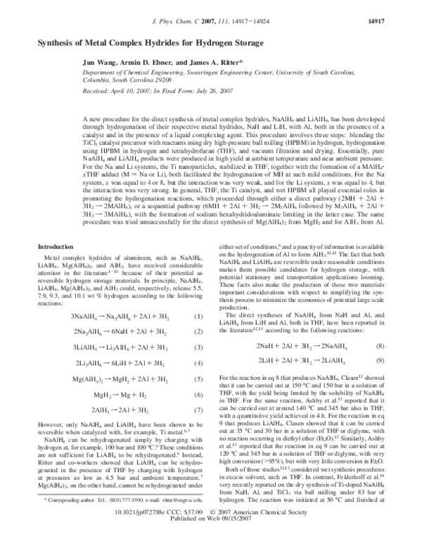 (PDF) Synthesis of Metal Complex Hydrides for Hydrogen Storage
