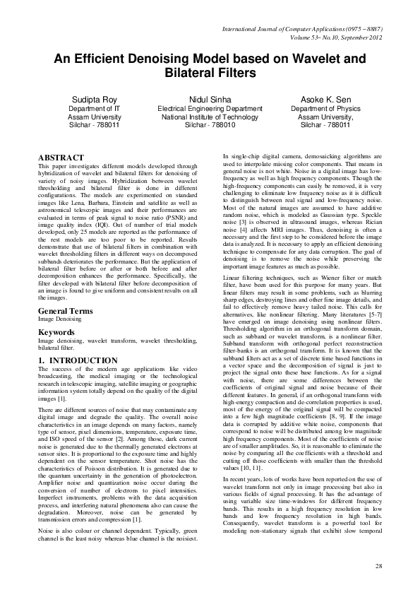 (PDF) An Efficient Denoising Model based on Wavelet and Bilateral Filters