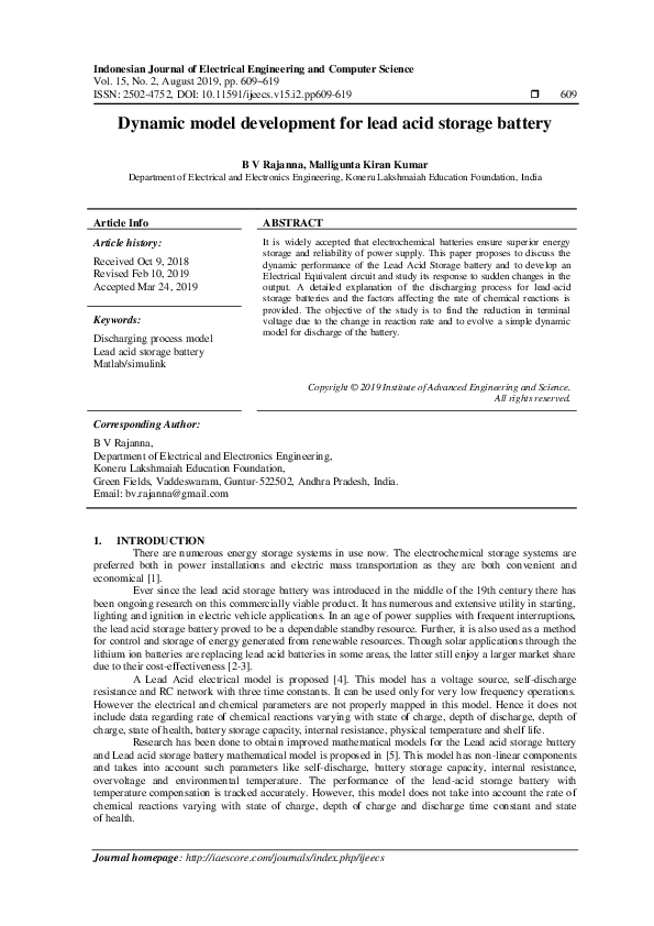 (PDF) Dynamic model development for lead acid storage battery