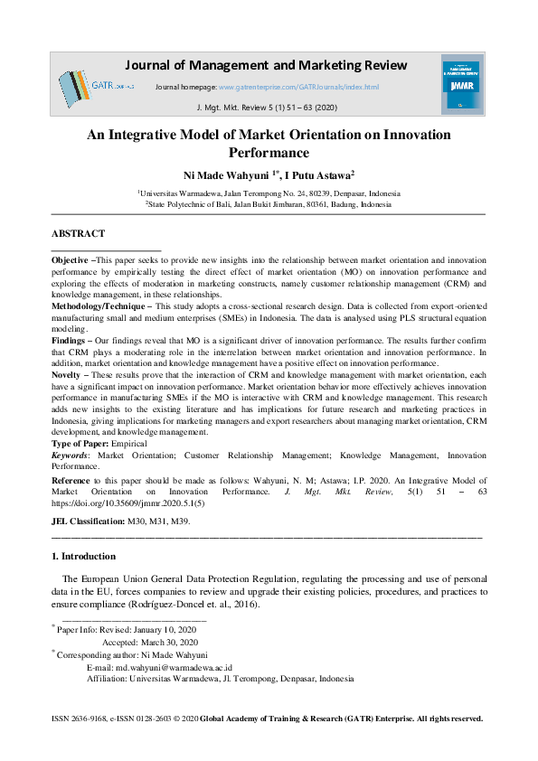 (PDF) An Integrative Model of Market Orientation on Innovation Performance