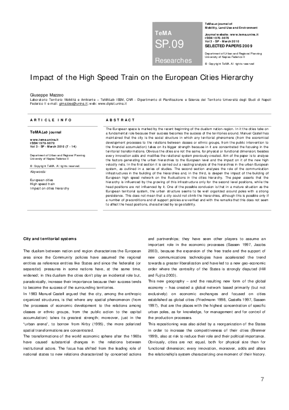 (PDF) Impact of the High Speed Train on the European Cities Hierarchy
