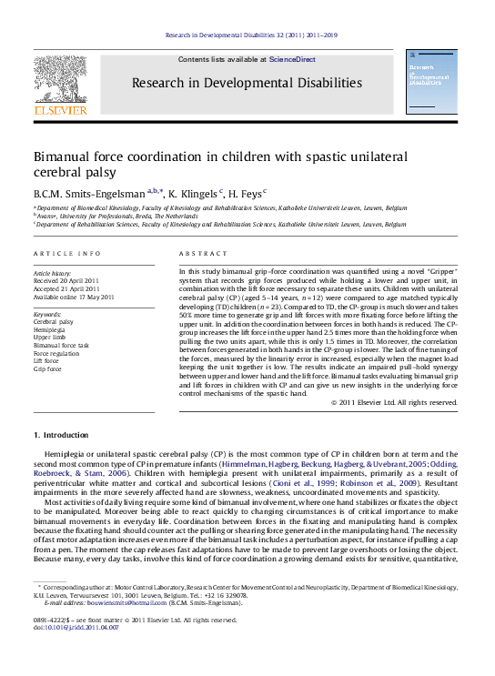 (PDF) Bimanual force coordination in children with spastic unilateral ...
