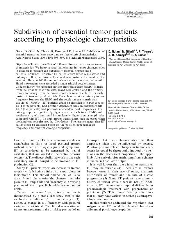 (PDF) Subdivision of essential tremor patients according to physiologic ...