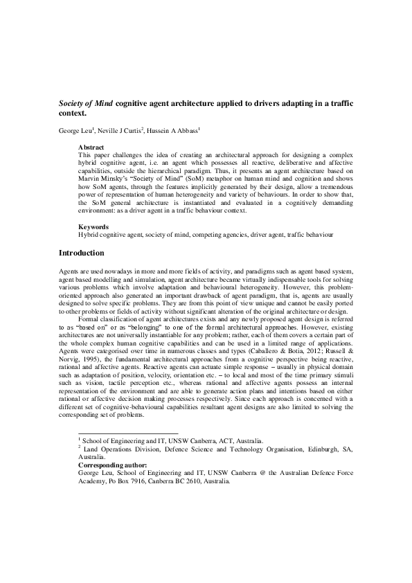 (PDF) Society of Mind cognitive agent architecture applied to drivers ...
