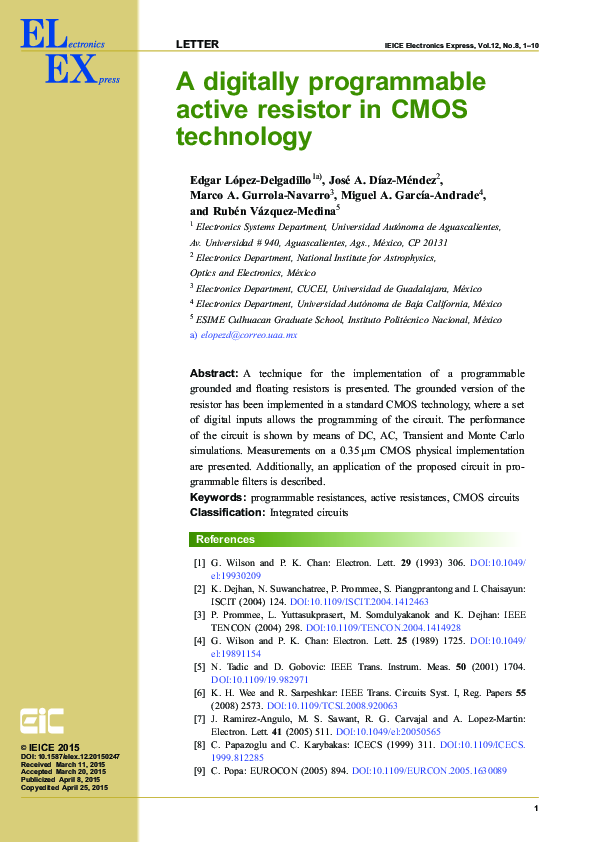 (PDF) A Digitally Programmable Active Resistor in CMOS Technology