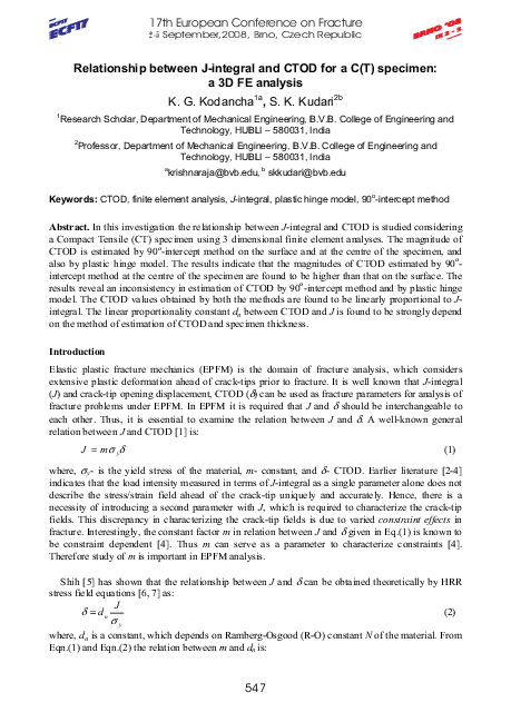 (PDF) Relationship between J-integral and CTOD for a C(T) Specimen: a ...
