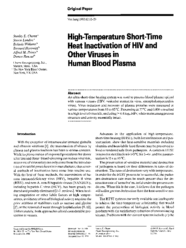 (PDF) High‐Temperature Short‐Time Heat Inactivation of HIV and Other ...
