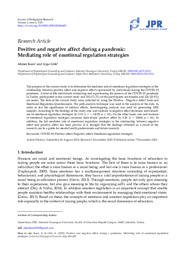 (PDF) Positive and negative affect during a pandemic: Mediating role of ...