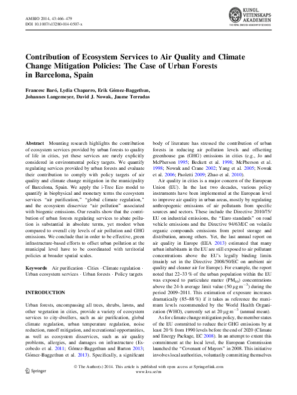 (PDF) Contribution of Ecosystem Services to Air Quality and Climate ...