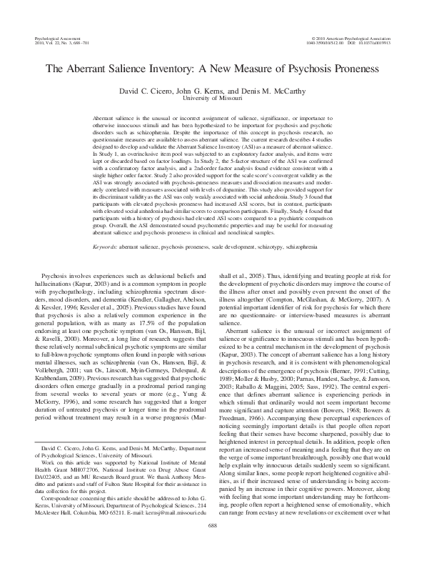 (PDF) The Aberrant Salience Inventory: A new measure of psychosis proneness