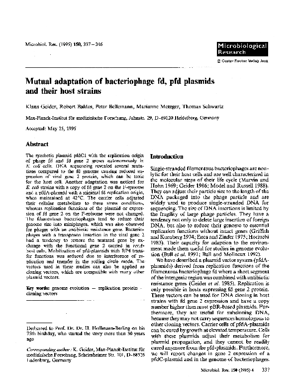 (PDF) Mutual adaptation of bacteriophage fd, pfd plasmids and their ...