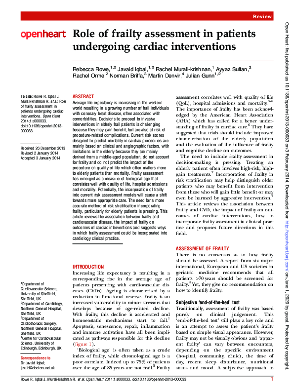 (PDF) Role of frailty assessment in patients undergoing cardiac ...
