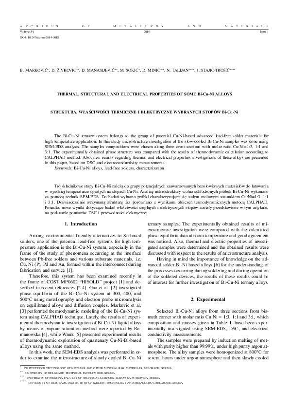 (PDF) Thermal, Structural and Electrical Properties of Some Bi-Cu-Ni Alloys