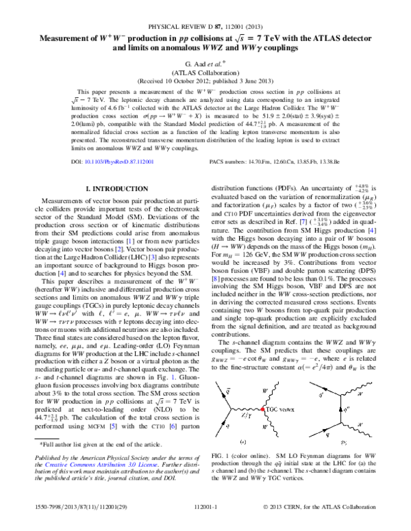 (PDF) Measurement of W^+ W^-production in pp collisions at sqrt {s}= 7 ...