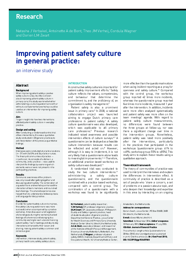 (PDF) Improving patient safety culture in general practice: an ...