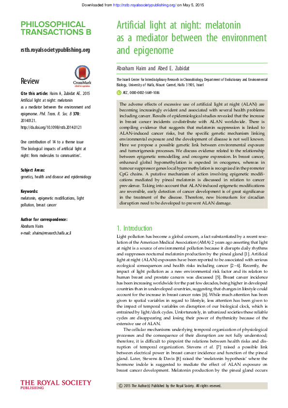 (PDF) Artificial light at night melatonin as a mediator between the