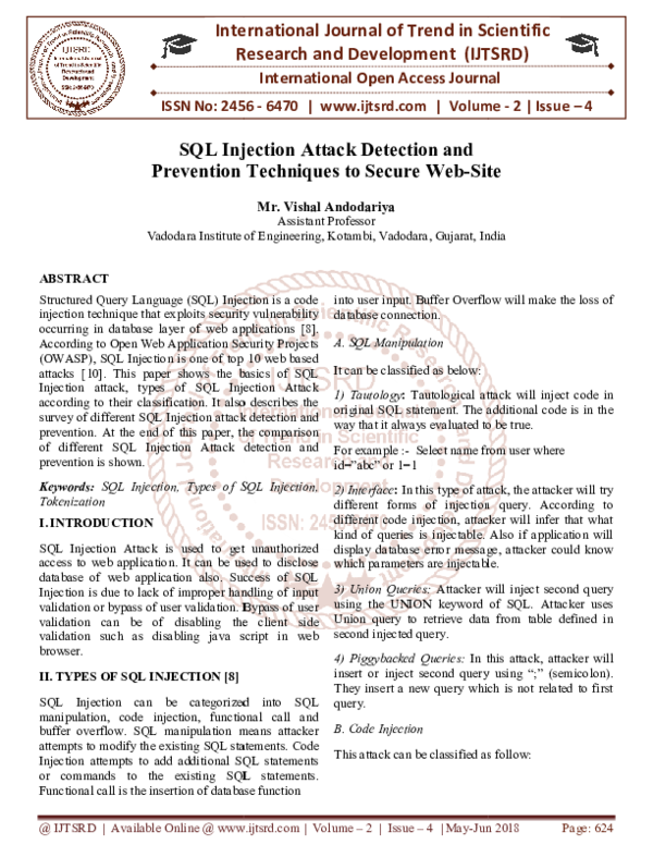 (PDF) SQL Injection Attack Detection and Prevention Techniques to ...
