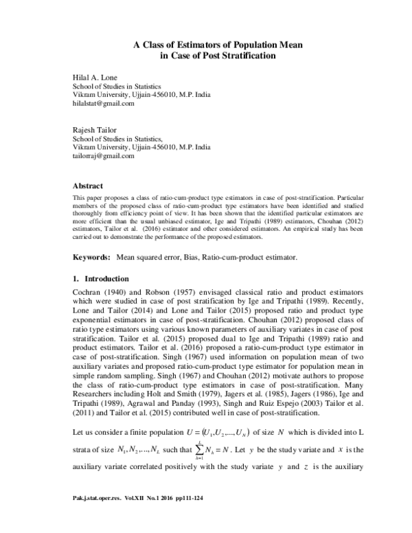 (PDF) A Class of Estimators of Population Mean in Case of Post ...
