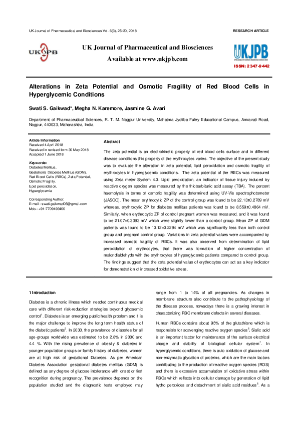 (PDF) Alterations in Zeta Potential and Osmotic Fragility of Red Blood ...