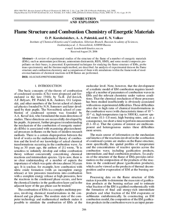 (PDF) Flame structure and combustion chemistry of energetic materials
