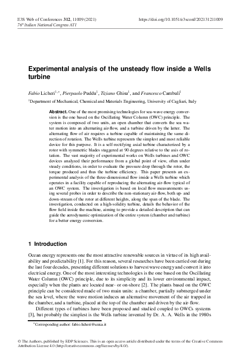 (PDF) Experimental analysis of the unsteady flow inside a Wells turbine