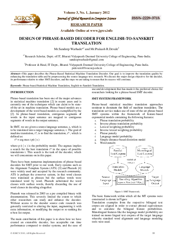 (PDF) Design of Phrase-based Decoder for English-to-Sanskrit Translation