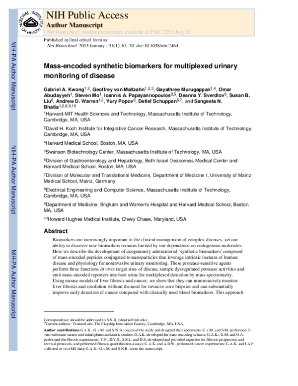 (PDF) Mass-encoded synthetic biomarkers for multiplexed urinary ...