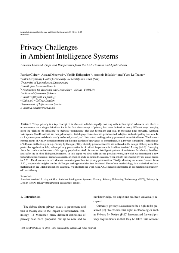 (PDF) Privacy challenges in Ambient Intelligence systems