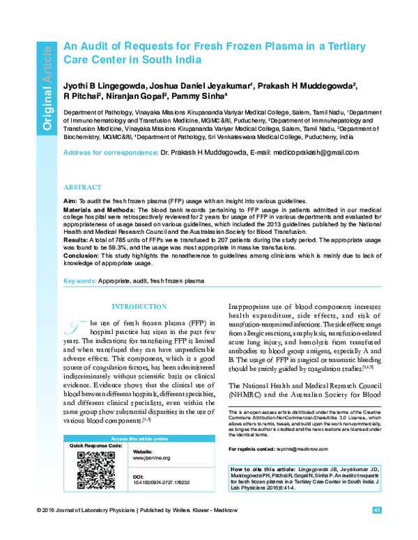 (PDF) An Audit of Requests for Fresh Frozen Plasma in a Tertiary Care ...