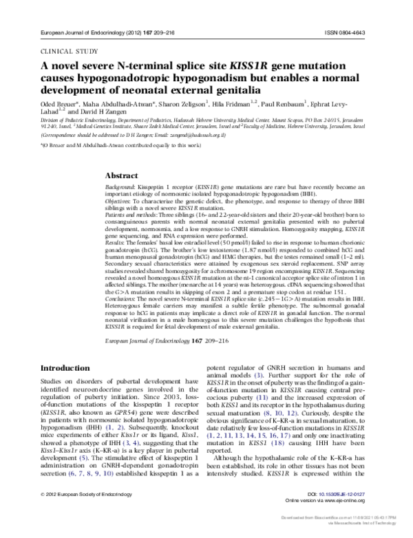 (PDF) A novel severe N-terminal splice site KISS1R gene mutation causes ...