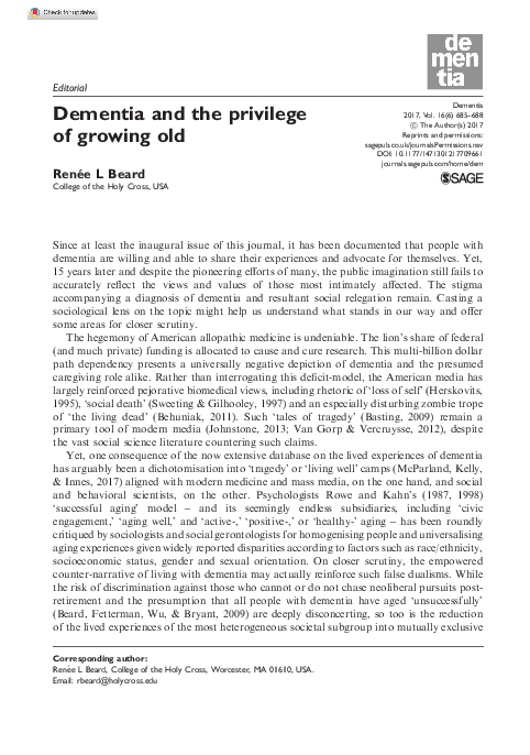 (PDF) Dementia and the privilege of growing old