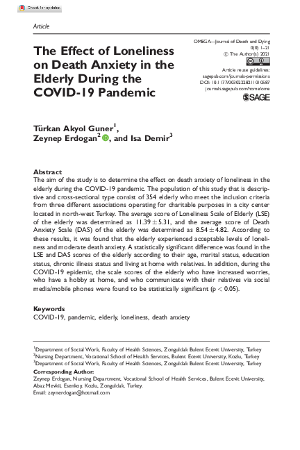 (PDF) The Effect of Loneliness on Death Anxiety in the Elderly During ...