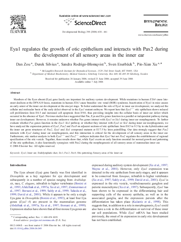 (PDF) Eya1 regulates the growth of otic epithelium and interacts with ...