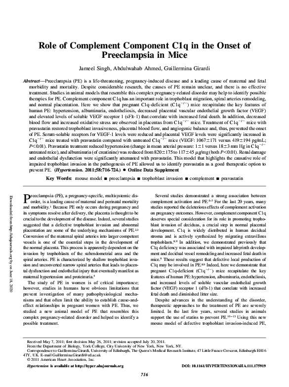 (PDF) Role of Complement Component C1q in the Onset of Preeclampsia in Mice