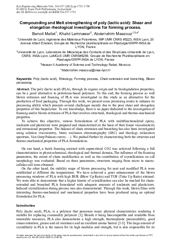 (PDF) Compounding and Melt strengthening of poly (lactic acid): Shear ...