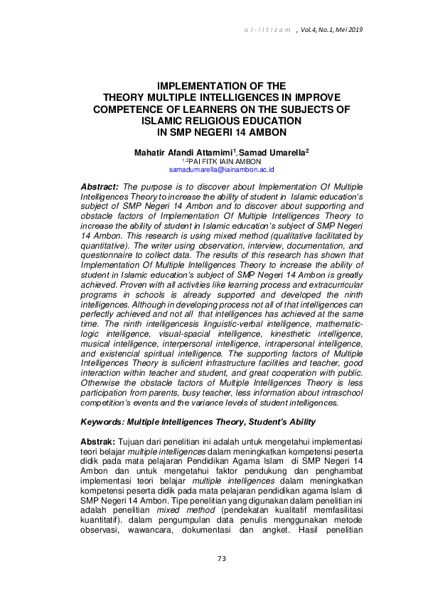 (PDF) Implementation of the Theory Multiple Intelligences in Improve ...