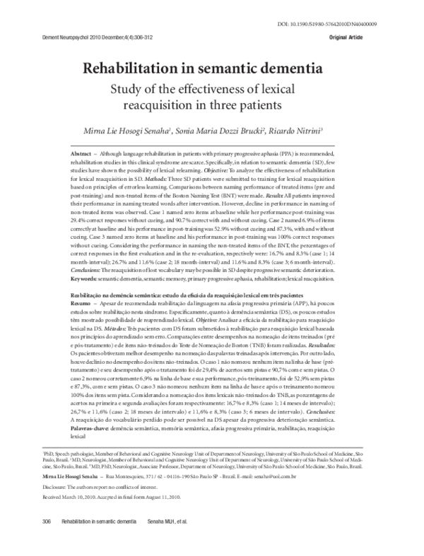(PDF) Rehabilitation in semantic dementia. Study of the effectiveness ...