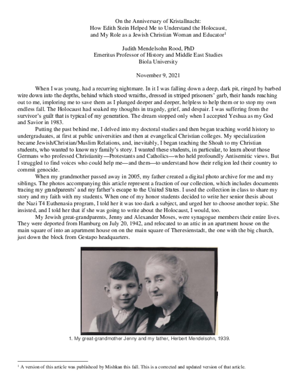 (PDF) On the Anniversary of Kristallnacht How Edith Stein Helped
