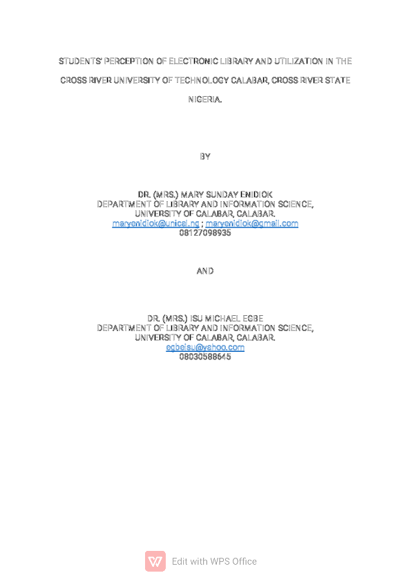 STUDENTS' PERCEPTION OF ELECTRONIC LIBRARY AND UTILIZATION IN THE CROSS RIVER UNIVERSITY OF TECHNOLOGY CALABAR