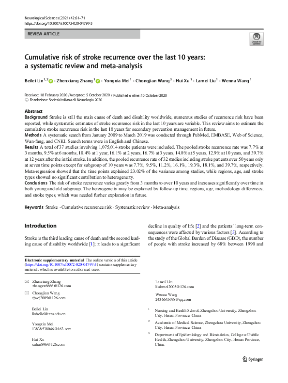 (PDF) Cumulative risk of stroke recurrence over the last 10 years: a ...