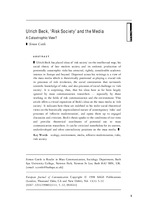 (PDF) Ulrich Beck,Risk Society'and the Media
