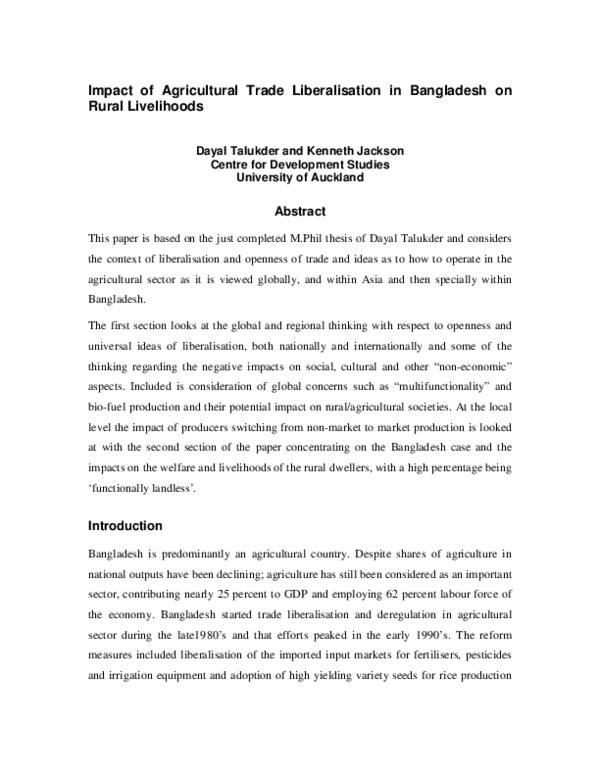 (PDF) Impact of Agricultural Trade Liberalisation in Bangladesh on ...